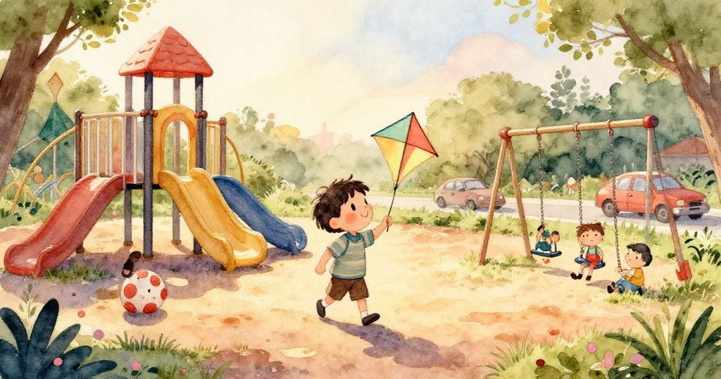 水坑倒映出風箏鮮豔布條與Milo驚訝神情,夕陽灑下溫暖光芒,操場角落展現自然細膩動感。