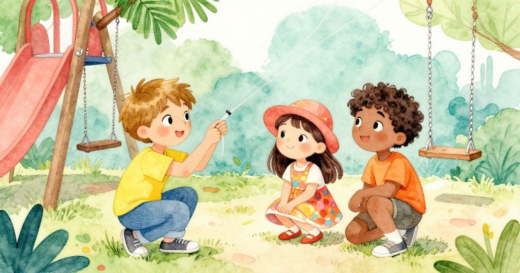 Milo、Lila與Ken在樹蔭下蹲著研究風箏線結,柔和光影中展現默契與專注的操場角落。