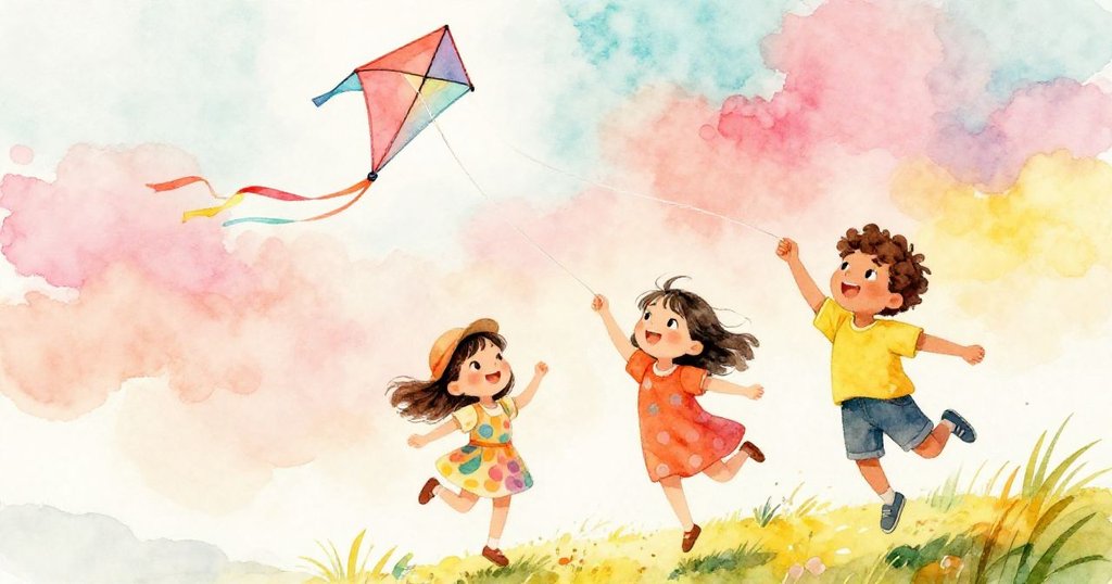 Milo與同學在風中歡笑,風箏衝向高空,彩布隨風舞動,操場洋溢著動感與快樂。