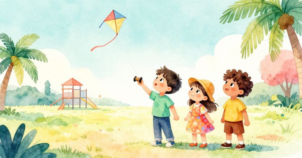 Milo 穩握捲線器仰望懸浮於屋頂的風箏,操場開闊路徑展現未來新冒險,充滿平靜與希望。