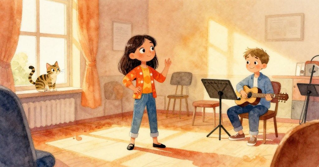 萊拉放下小號盒,馬特奧鋪展麥克風線,室內排練環境溫暖明亮,條紋貓在窗邊好奇注視。