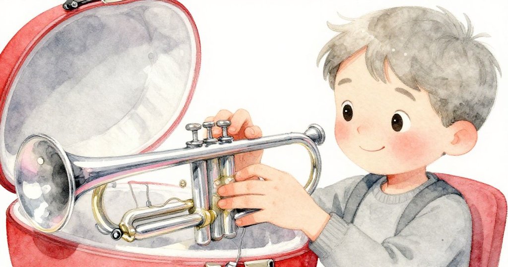 馬特奧專注調整麥克風線,小號盒和線材細節明顯,光影柔和,手法細膩呈現溫馨情境。