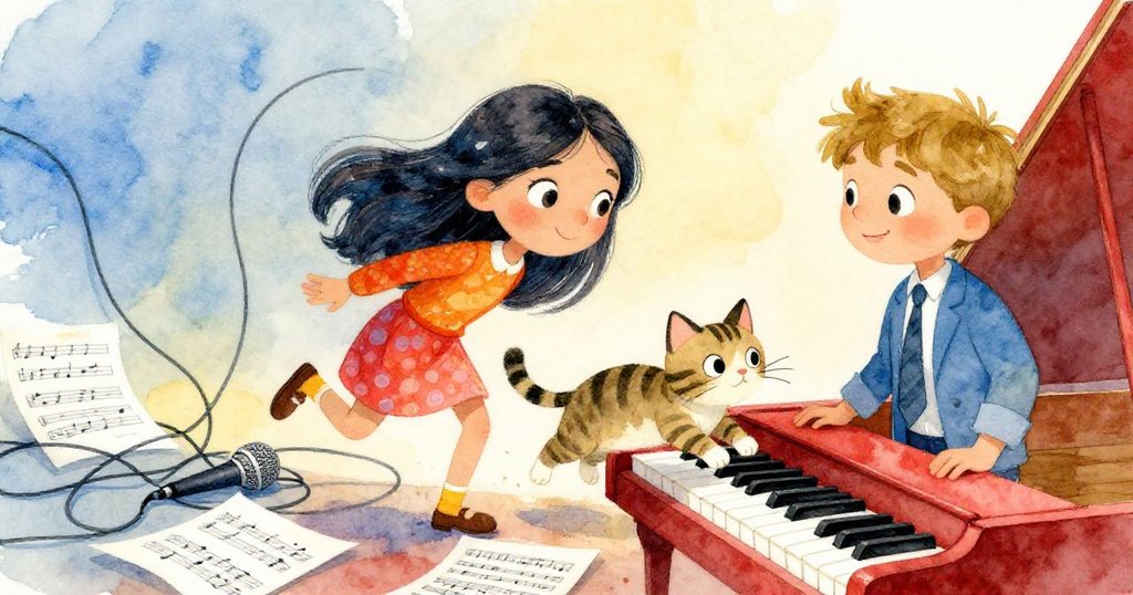 萊拉舉起小號時,麥克風線纏結牽動,條紋貓躍上琴鍵散落樂譜,整個場景動感十足。