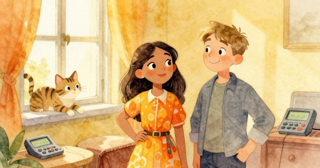 萊拉與馬特奧滿意微笑慶祝錄音完成,條紋貓靜坐窗邊尾彎如問號,整個空間溫馨圓滿。