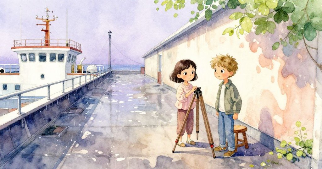 雨後的屋頂上,Mira與Jonas準備藝術創作,雨水映照屋頂,兩人動作專注充滿期待與寧靜。