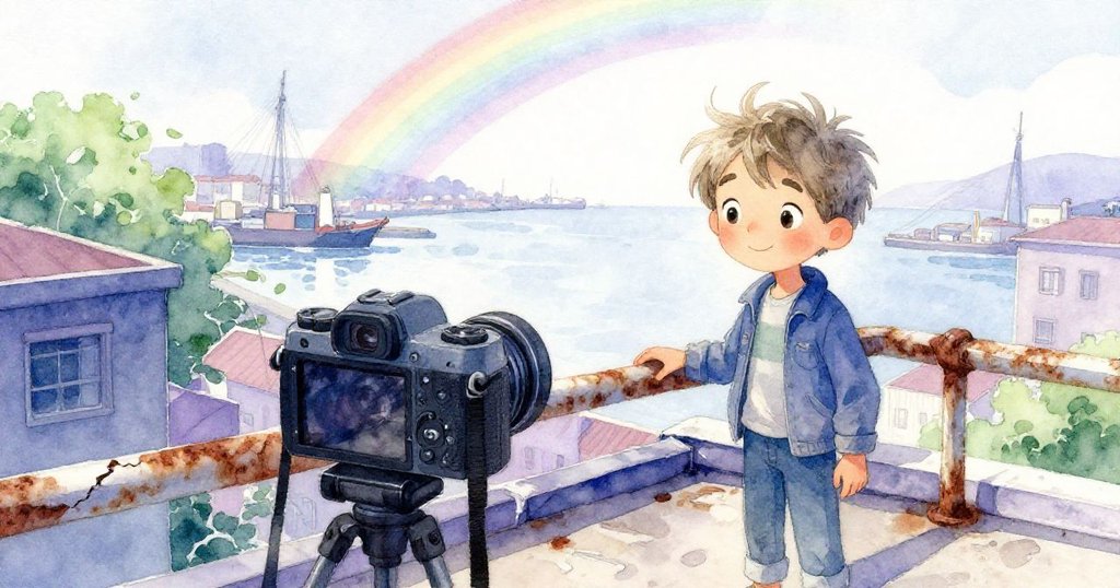 Jonas視角呈現相機對準斑駁欄杆,遠處海港和彩虹若隱若現,細膩感受專注與期待。