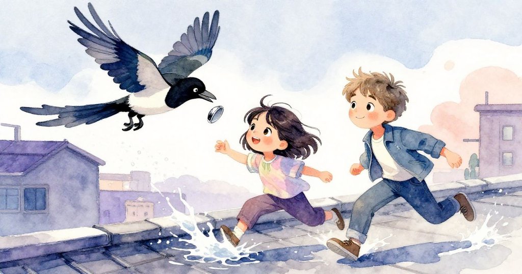 快節奏中,喜鵲俯衝奪鏡頭蓋,Jonas急速伸手追趕,水花四濺現緊張氣氛。