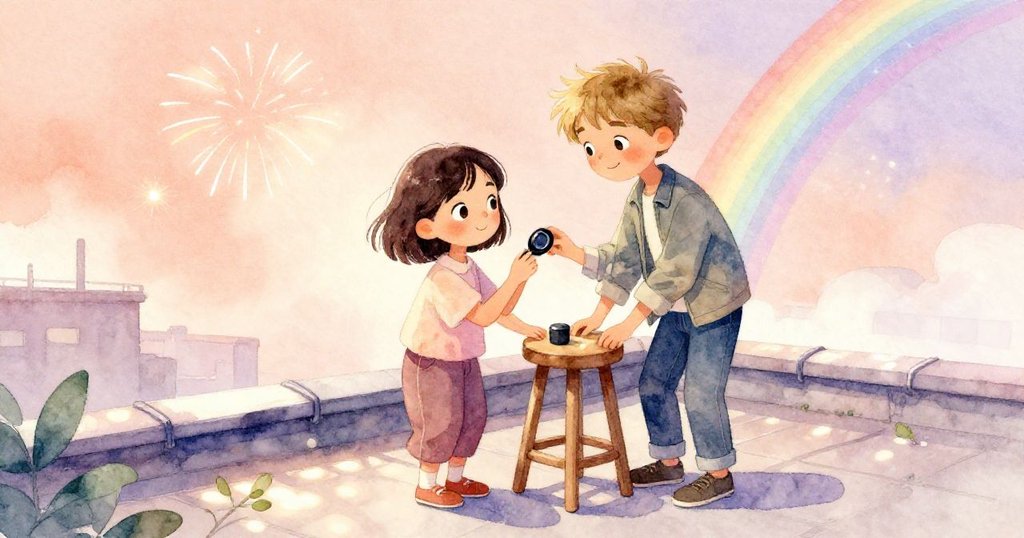 Jonas修復鏡頭蓋,Mira歸位重組構圖,兩人並肩守候彩虹與煙花,溫馨完結充滿希望。