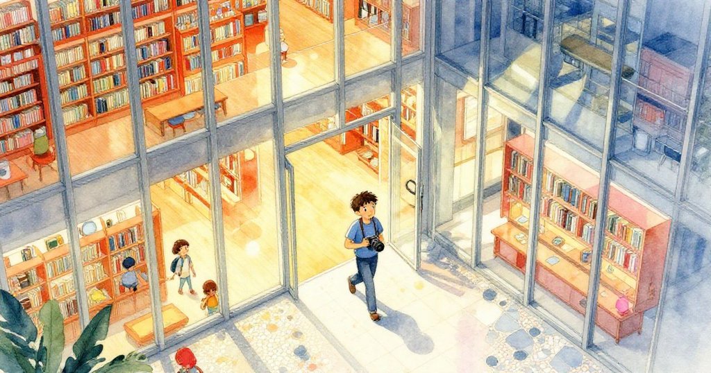 米洛手持相機踏入現代圖書館,中庭玻璃與馬賽克顯現歷史與現代交融,展現充滿期待的冒險起點。