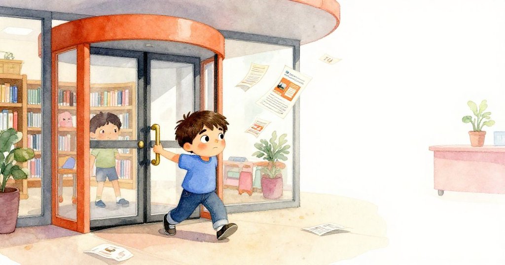 米洛奮力推動旋轉門,環繞著零散宣傳冊及人群,展現堅毅決心與困難中掙脫的起步。