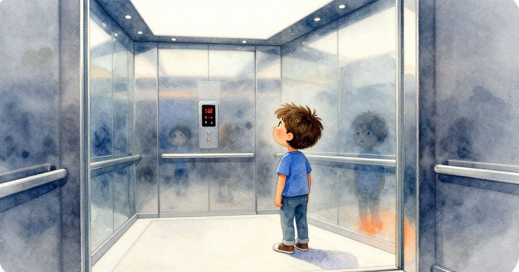 米洛置身於電梯內透過玻璃注視層數,心中盤算著前往天台的路徑,展現專注與計劃的內心世界。