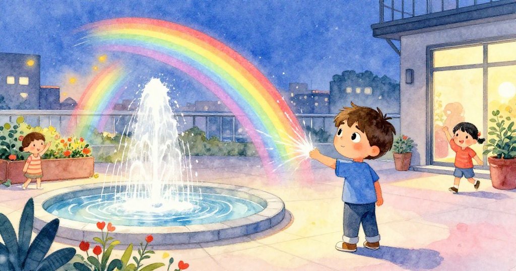 米洛站在天台上,夕陽照射中噴泉冒出彩虹水霧,幼童嬉戲,展現夢幻與驚奇的高峰時刻。
