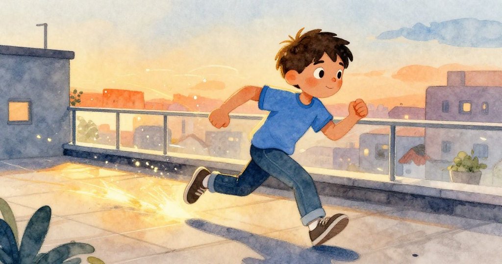 米洛急奔在天台上,夕陽中身影留下模糊軌跡,穿越噴泉水霧與花圃,顯示出迅捷與活力。