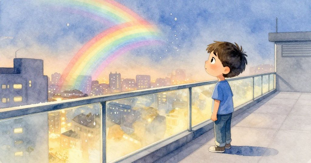 米洛坐在天台邊緣,靜觀噴泉形成的彩虹水霧,夕陽餘暉映照下流露出滿足與深思,暗示美好延續。