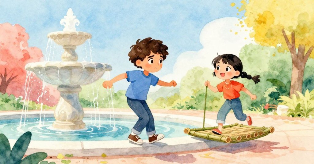 Marcus在圖書館噴泉旁平衡身體，Lina手握竹筏準備實驗，背景明亮充滿期待，展開環保冒險。