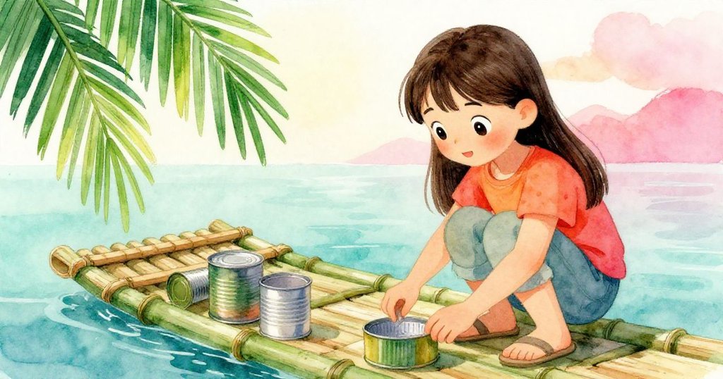 Lina專注檢查竹筏與乾淨罐頭，手指細觸每個細節，光線柔和，場景顯出認真環保實驗準備。