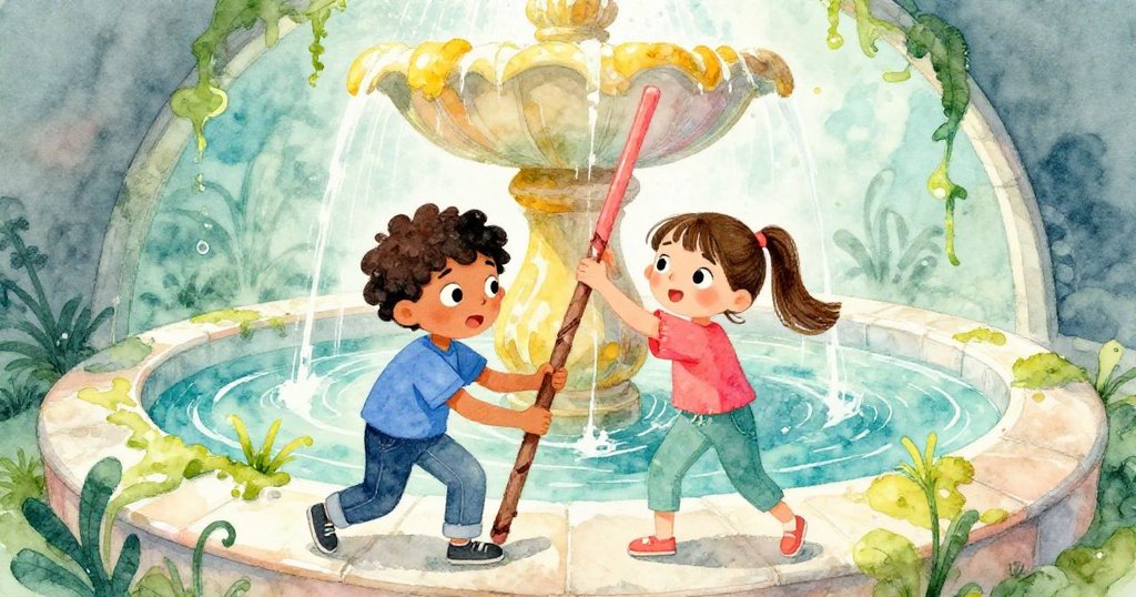 Marcus與Lina在濕潤噴泉中努力清除黏稠藻類，使用扁棒時出現意外，表情緊張而專注。