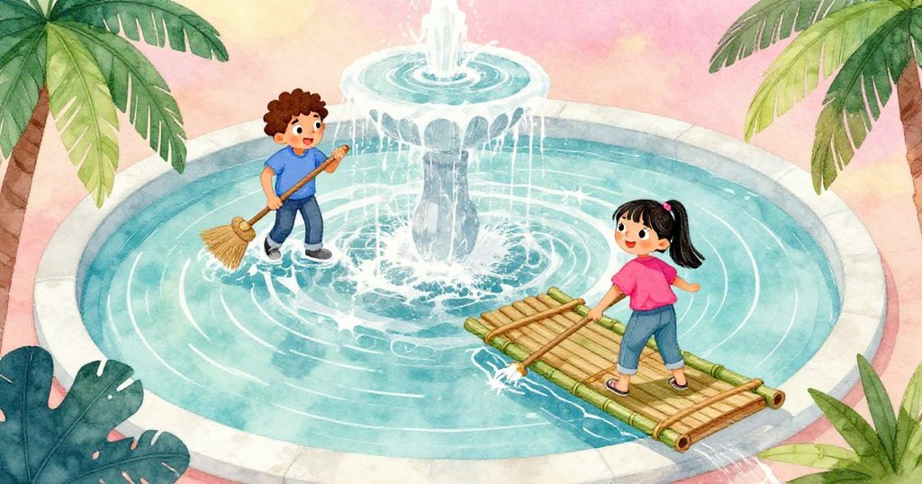 高處俯瞰噴泉中央，Marcus持掃帚撬筏，Lina在一旁協調，合作清除藻類，場景充滿希望。