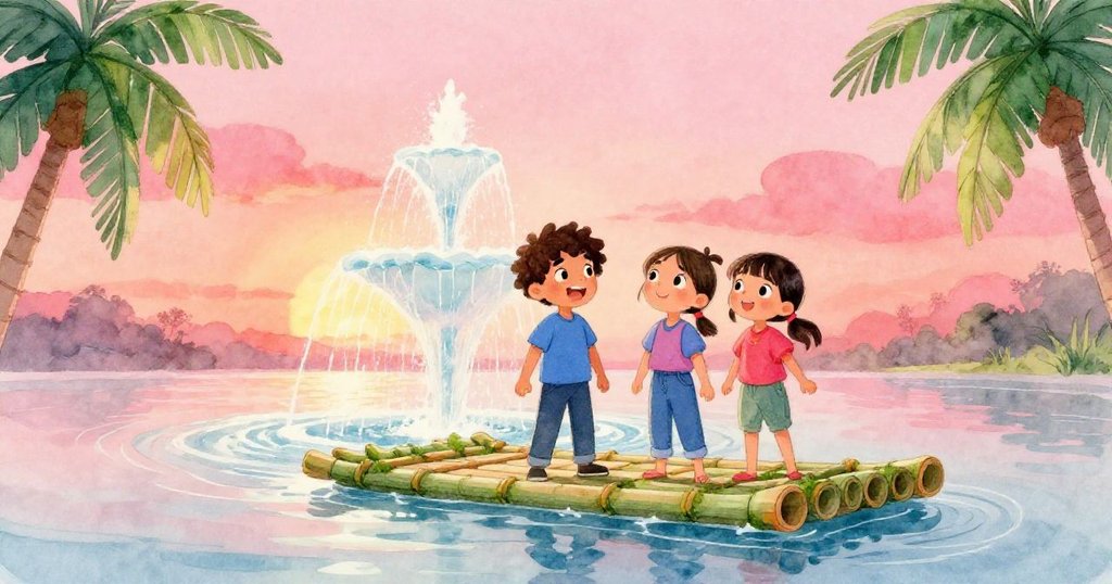 Marcus與Lina在夕陽照耀下並肩站立，眼神滿足注視覆青苔的竹筏，結束了一段充滿創意與希望的實驗。