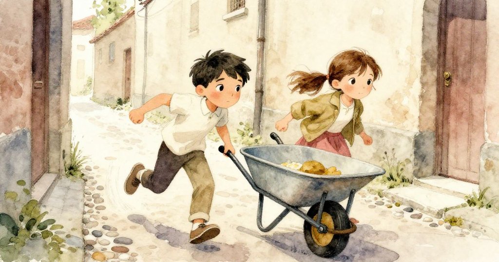 Leo與Mira在狹窄石徑上急行，小石子滾動，輪車橫阻，腳步堅定，充滿冒險與緊張氣氛。