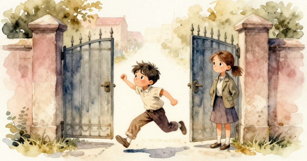 在教堂鐘聲響起時，Leo迅速閃入半閉大門下，Mira猶豫站在門前，呈現緊張與決心交織的瞬間。