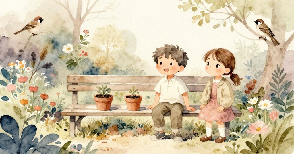 Leo與Mira在花園長椅上放下花盆，臉上滿是喜悅，一隻麻雀停在邊緣，象徵冒險圓滿落幕，溫馨而平靜。