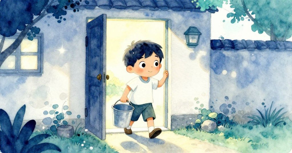 Milo 走出後門，手提大水桶，晨光灑在小院中，神情充滿期待與興奮，故事開頭展現新的一天。