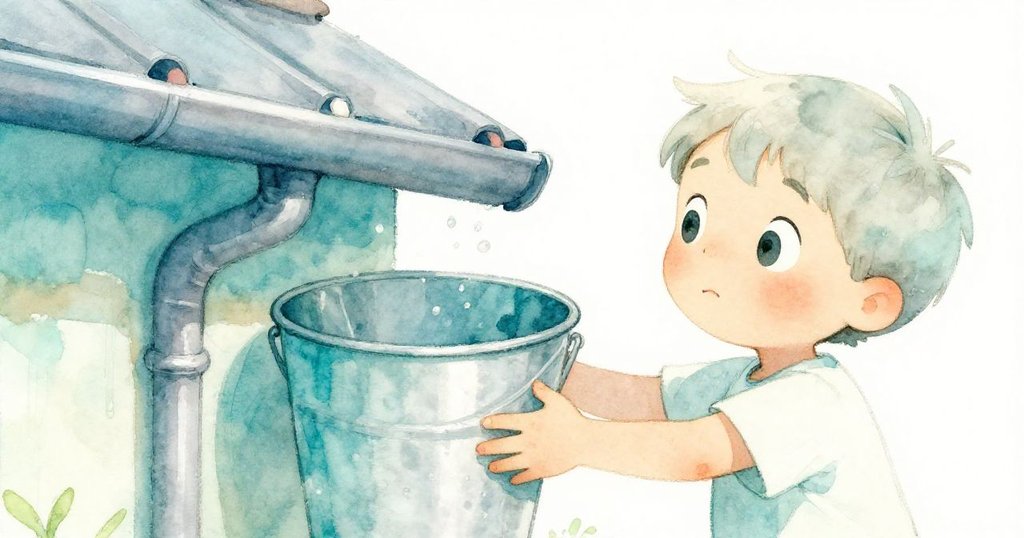 Milo小心地將大水桶放在金屬水槽下，手部特寫展現細膩動作，背景隱約現出乾燥庭院，神情溫柔專注。