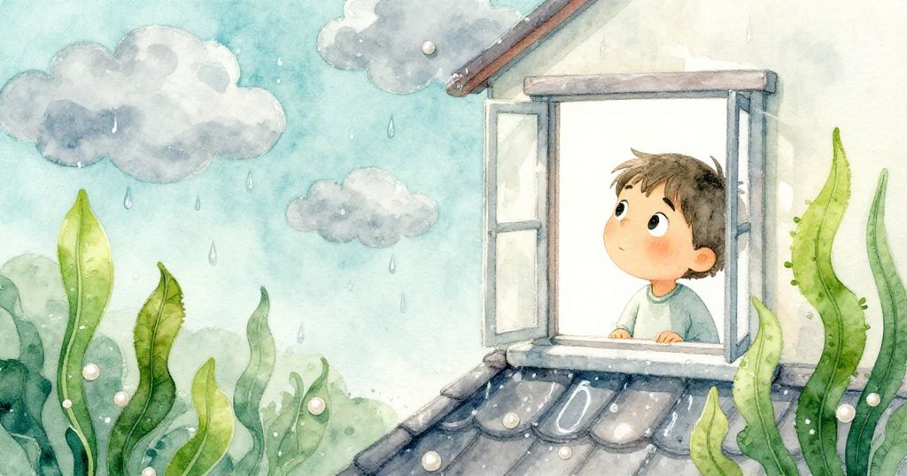 Milo透過窗戶凝視外面聚集的灰雲和初落雨滴，神情充滿好奇，室內與雨景交織，展現故事發展中的細膩情感。