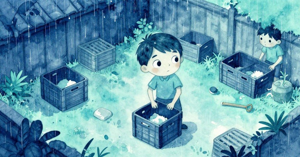 從高處俯瞰，小院裡Milo忙著整理散落的箱子，雨水敲打屋頂，神情堅定，展示故事發展中的忙碌景象。