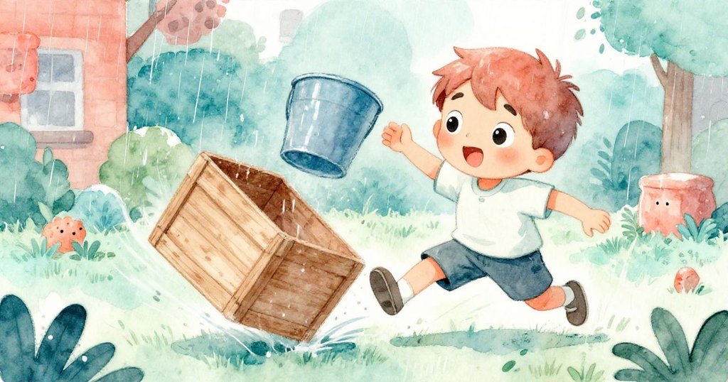 在雨中，Milo急忙推開滑動的木箱，桶子被撞出水花，神情專注急促，展現故事高潮時的急迫動作。