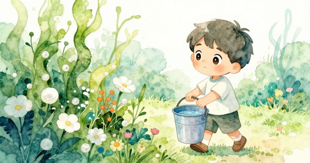 Milo撐著滿水桶，穩健地走向花壇，像在贈送大自然禮物般溫柔，神情充滿成就與安寧，故事在此達到圓滿結局。