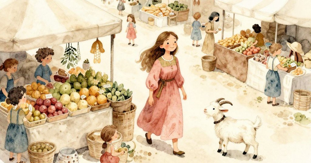 麗塔走進陽光普照的熱鬧市集,從鳥瞰角度展現彩色攤位、豐富果實及悠閒山羊,充滿活力與期待。