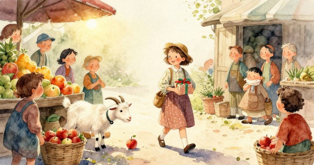 麗塔輕快邁步於古樸市集木地板上,清晰展現腳步印痕與散落鮮紅蘋果,細節豐富且充滿生動情境。