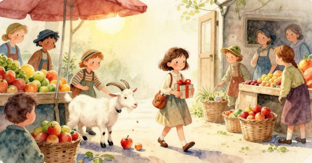 麗塔的禮物盒不慎落在鮮亮蘋果上,細膩呈現塵埃與蘋果反光,捕捉驚訝與溫馨瞬間。