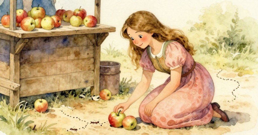 麗塔蹲於古樸蘋果攤前,細看落地蘋果與蟻跡,秋日暖光映襯懷舊市集,情感深沉又平靜。