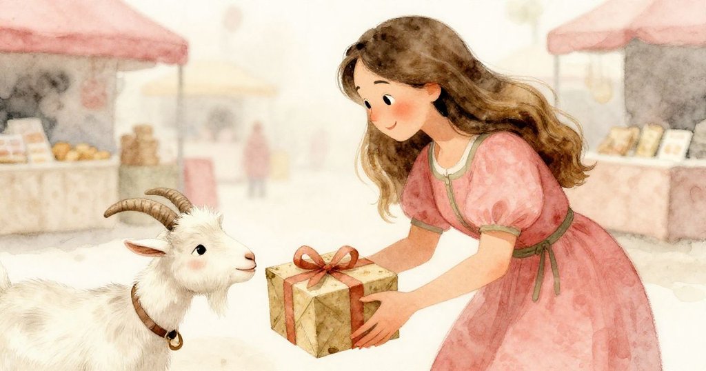 麗塔小心拾起覆塵禮物盒,目光專注檢視絲帶,同時好奇山羊嗅聞蘋果,市集熱鬧映襯溫情瞬間。