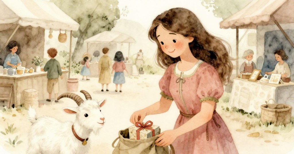 麗塔含笑將禮物小心收納進袋中,目送忙碌市集逐漸平靜,山羊嬉戲旁側彰顯滿足與和諧情懷。