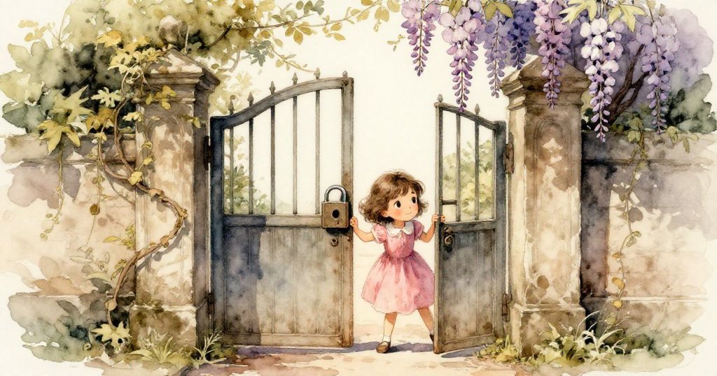 Mina 穿過斑駁鐵門,沿著藤蔓與紫藤交織的老街,神情堅定展現探索冒險開端,場景充滿歷史感與溫暖光影。