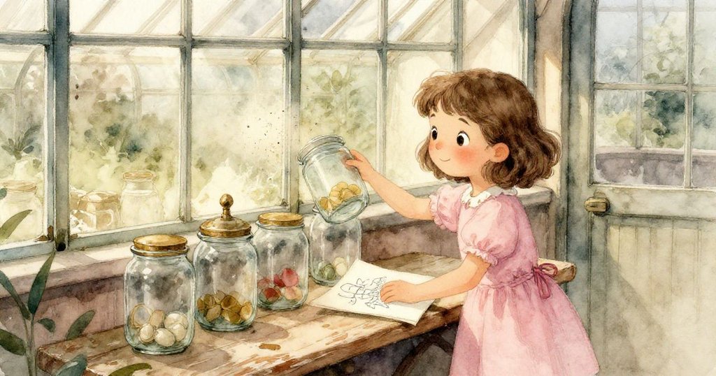 Mina 在溫室內布置素描本與搖晃玻璃瓶,多層空間中斜光灑落塵埃,展現夢幻與發現的交織進程。