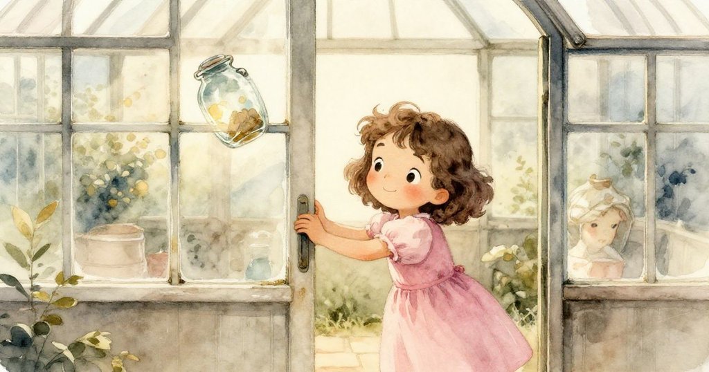 Mina 輕推發出陰影的溫室門,注意到旁邊搖晃瓶子,柔和光線中展現過渡空間的微妙改變與期待情緒。