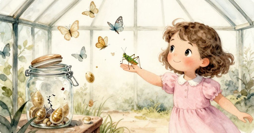 Mina 驚喜中草蜢跳上袖,玻璃瓶蓋墜落瞬間蛹裂開蝴蝶紛飛,動態場面營造魔幻追逐感與急轉新變。