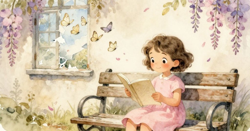 Mina 坐在古樸長椅上注視素描本,隨著蝶舞與紫藤花瓣飄落,溫柔光影中展現故事未完續篇的詩意情懷。