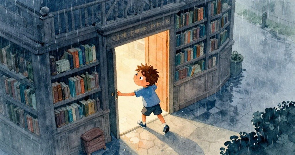 露易斯在雨天推開老圖書館的側門，從空中俯視場景展現他踏入冒險的起點，神情堅定且充滿好奇。