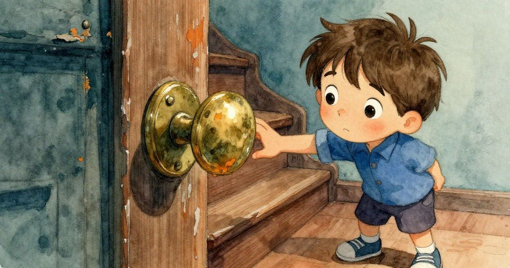 露易斯在狹窄樓梯上用手輕觸銅扣，細膩展現剝落木漆與歷史痕跡，透露他對環境的好奇和專注。