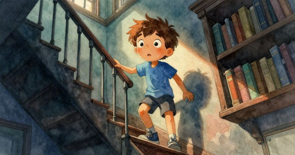 露易斯在樓梯上攀登狹窄陽台，低角度呈現他堅定與驚奇的表情，光影交錯映襯出古老書架的寧靜氛圍。