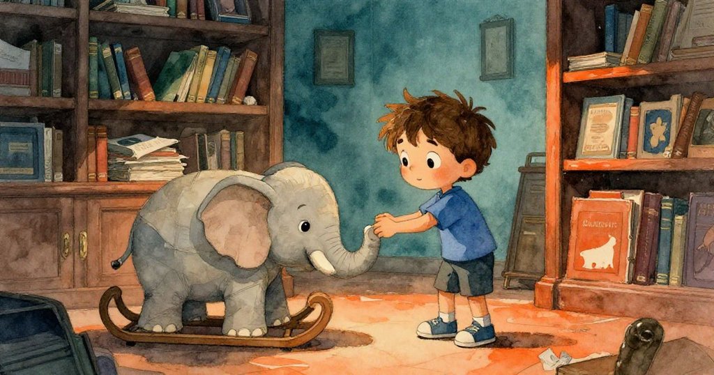 露易斯在室內書房嘗試推移雜亂櫃子，背後的粉象擺於木雪橇上，現場散布舊書與年輪痕跡，流露好奇與緊張。