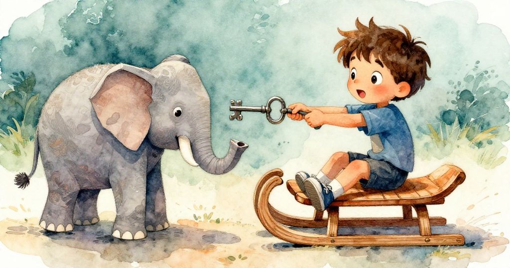 露易斯在拉動紙象繩索時發現發出金屬聲的鑰匙，臉上驚喜表情，細緻呈現古老禁錮秘密的瞬間動作。