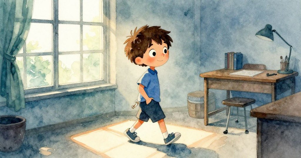 露易斯手插口袋走向玻璃窗邊的書桌，臉上帶著解謎後的喜悅與堅定，光影柔和預示新篇章開始。