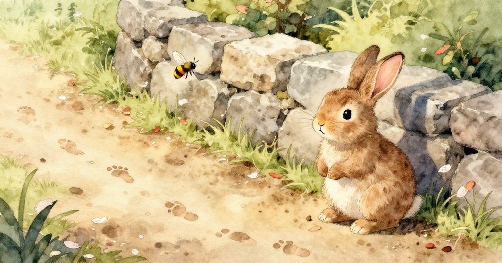 清晨花園中，兔子Ruby在低矮石牆旁嗅聞露水，細小腳印和花瓣佐證情節，表情充滿好奇與溫柔。